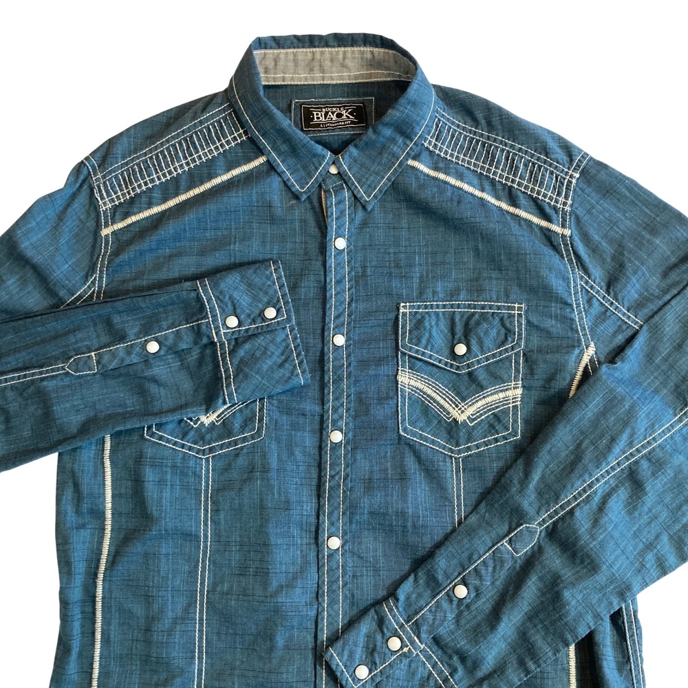 Buckle Black Men L Blue Pearl Snap Contrast Stitch Western Shirt BB396FPW Cowboy